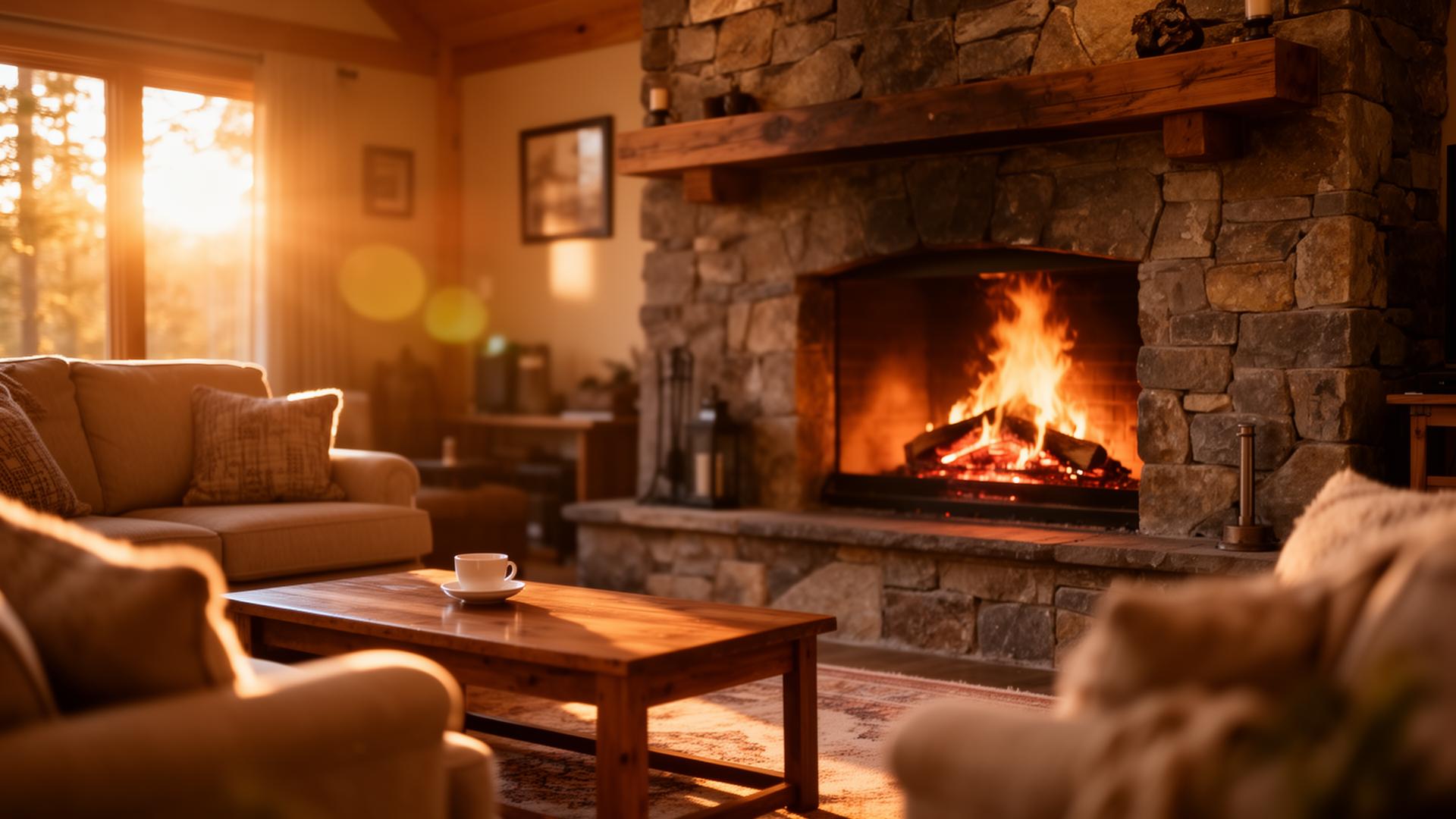 Cozy living room with a warm fire in a stone fireplace